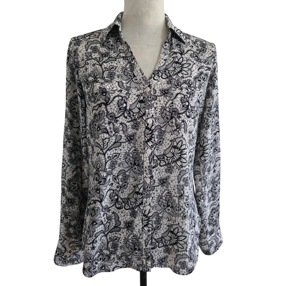Express Womens Black White Floral Paisley Button Down‎ Shirt Small Long Sleeve